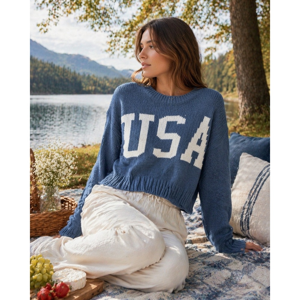 Grayson Threads‎ Womens USA Blue Cropped Knit Sweater Crew Neck Medium